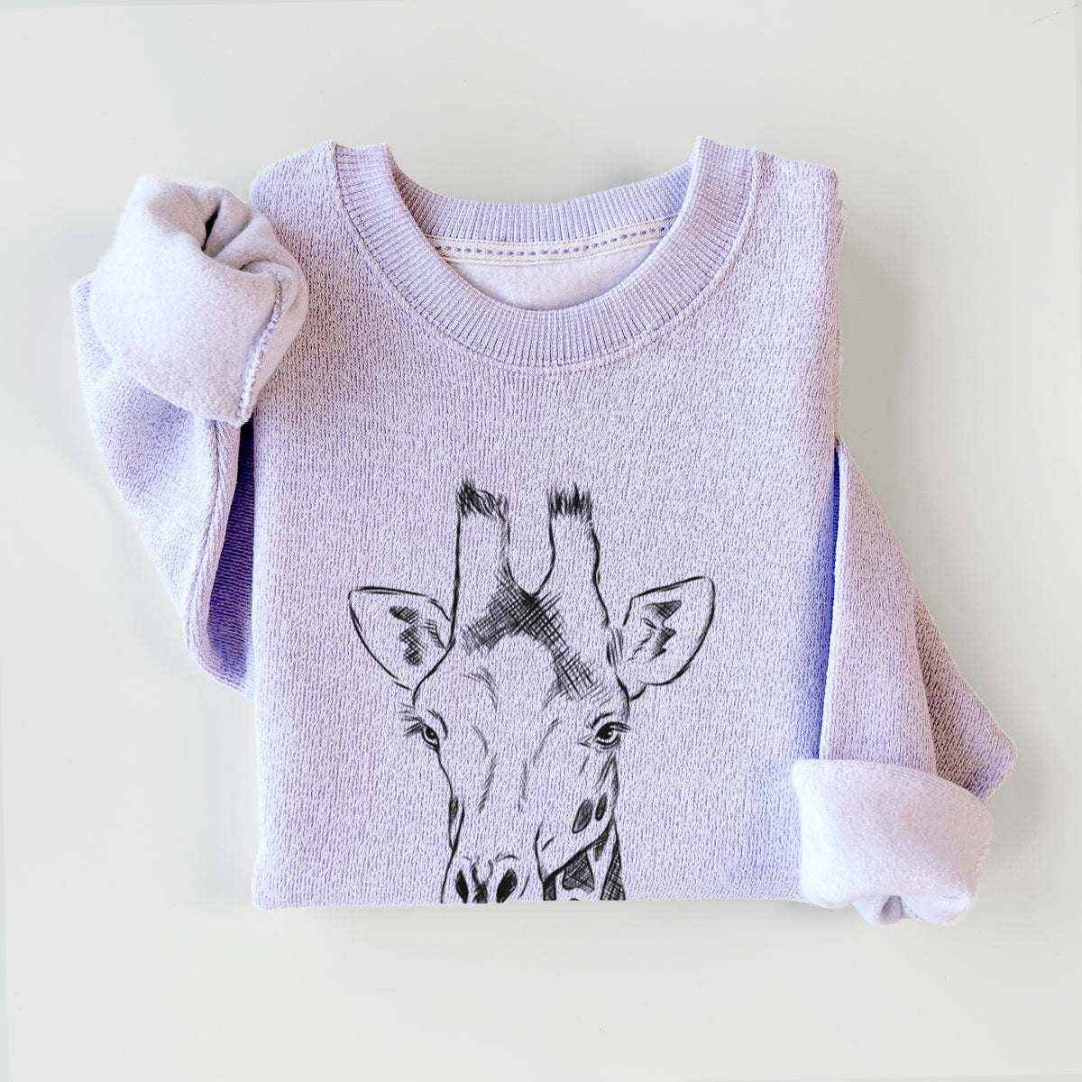 Ice purple knit sweatshirt printed with a black ink portrait of a southern giraffe's head and neck, styled flat.