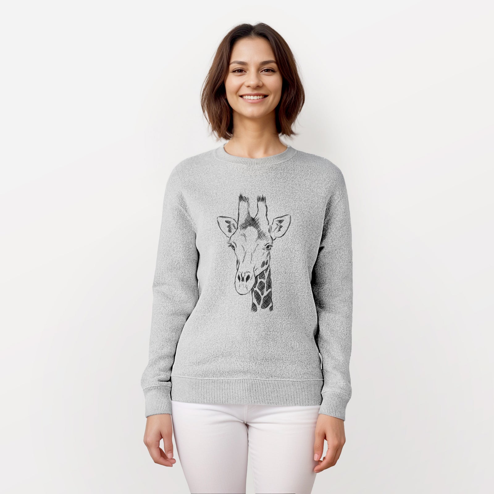 Salt and pepper knit sweatshirt laid flat, printed with a black ink portrait of a southern giraffe's head and neck.