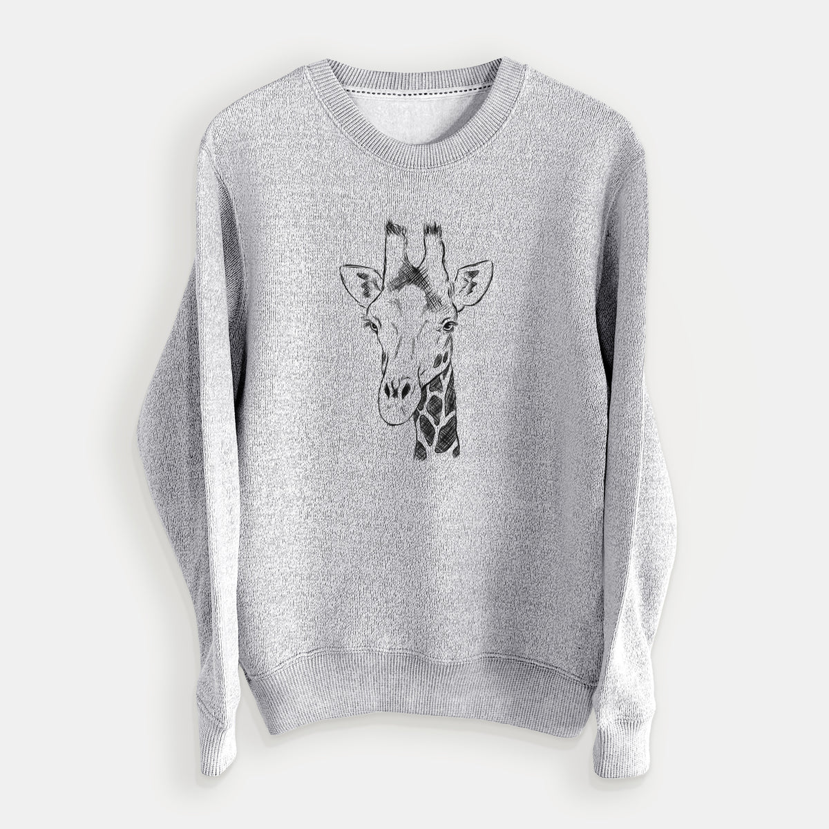 Salt and pepper knit sweatshirt laid flat, printed with a black ink portrait of a southern giraffe's head and neck.