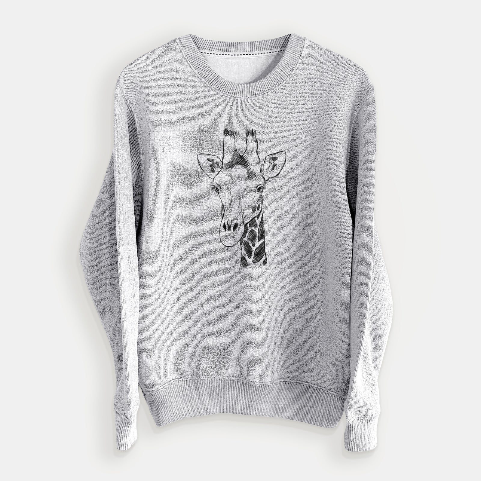 Salt and pepper knit sweatshirt laid flat, printed with a black ink portrait of a southern giraffe's head and neck.