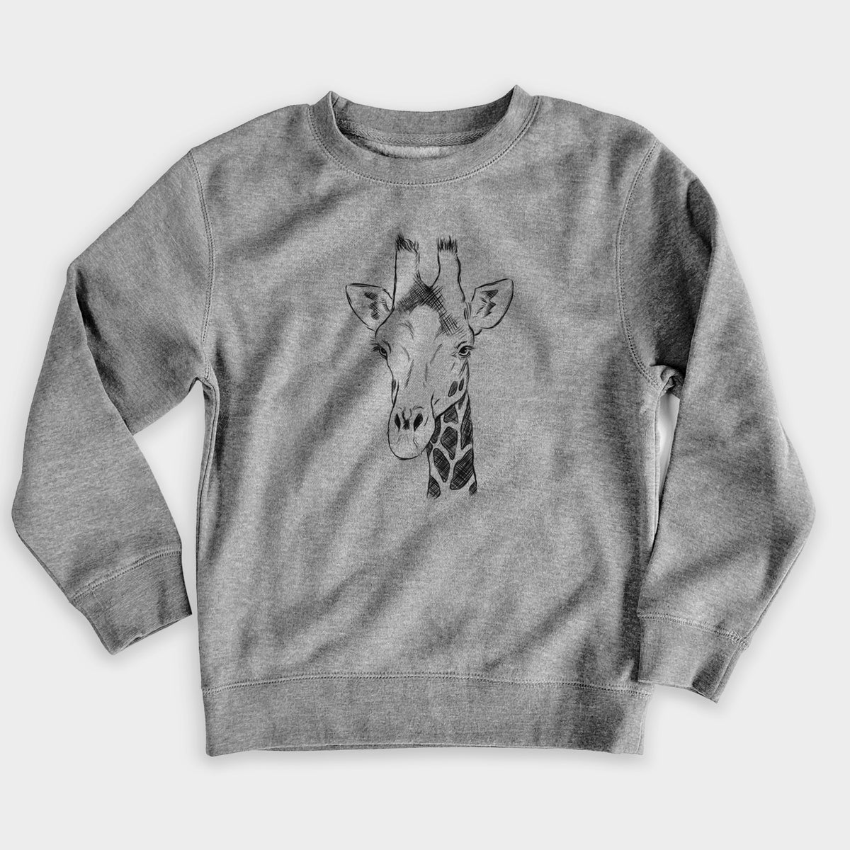 Nickel grey youth crewneck sweatshirt laid flat, printed with a black ink portrait of a southern giraffe's head and neck.