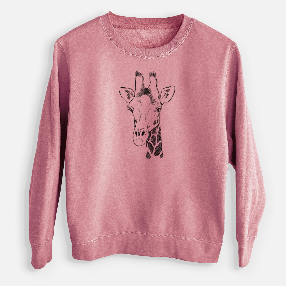 Mauve pink youth crewneck sweatshirt laid flat, printed with a black ink portrait of a southern giraffe's head and neck.