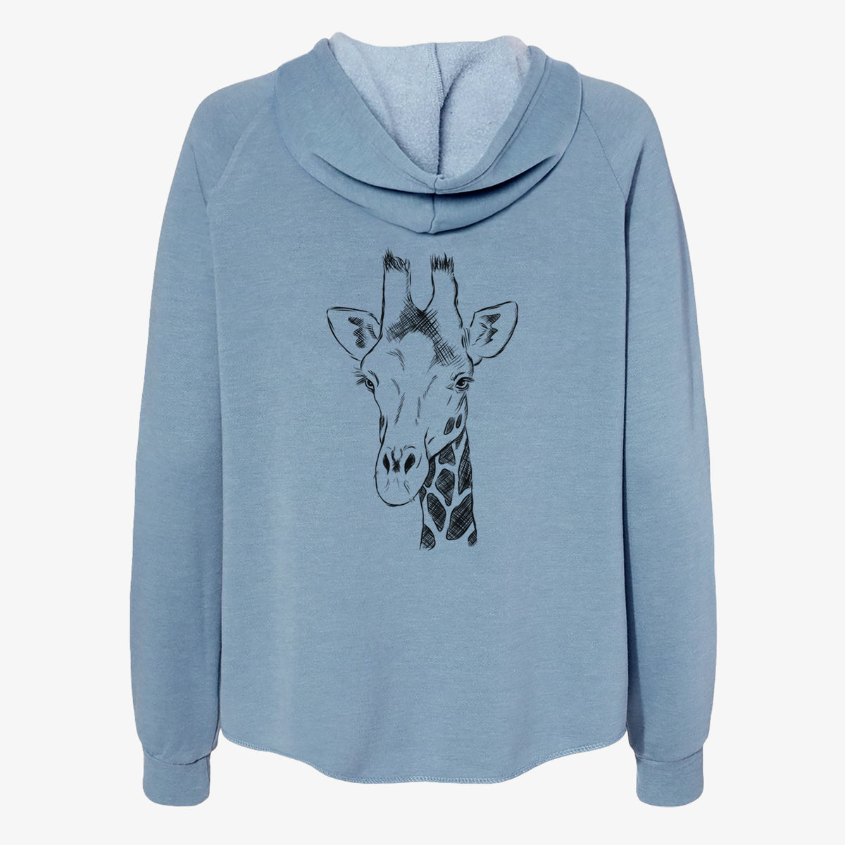 Misty blue women's Cali Wave zip-up sweatshirt laid flat, printed with a black ink portrait of a southern giraffe's head and neck.