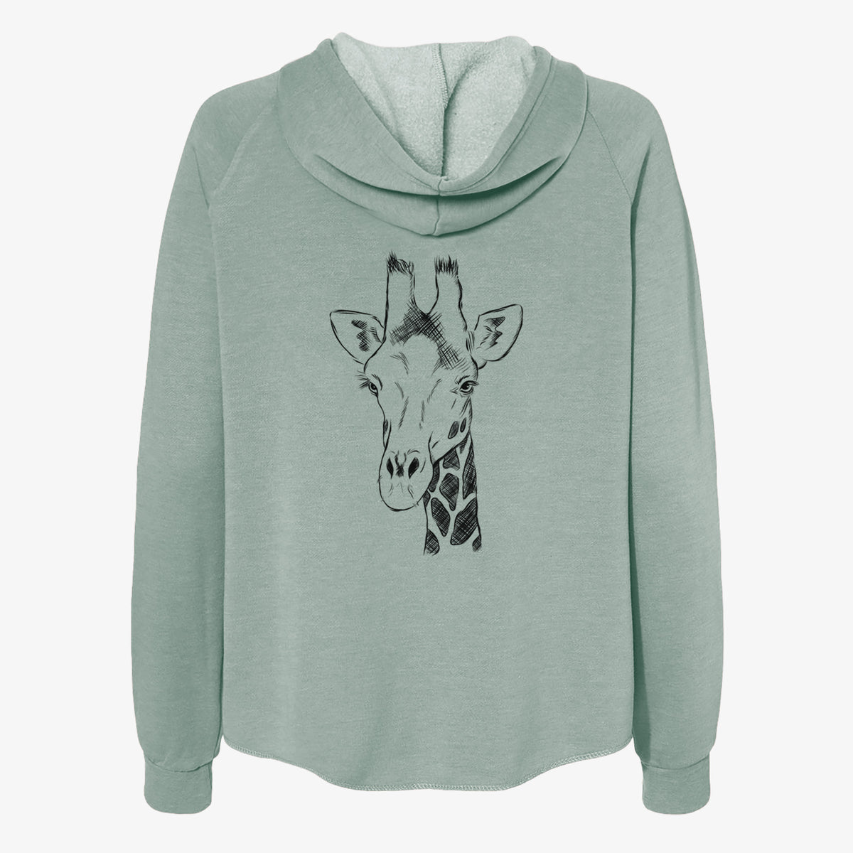 Sage green women's Cali Wave zip-up sweatshirt laid flat, printed with a black ink portrait of a southern giraffe's head and neck.