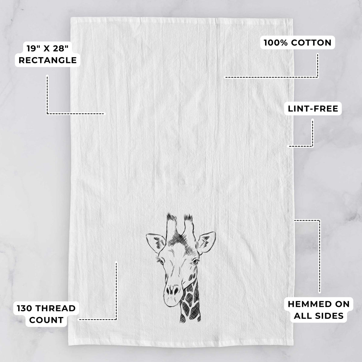 White tea towel printed with a black ink portrait of a southern giraffe's head and neck, with feature labels: 19 by 28 inch rectangle, 100% cotton, lint-free, 130 thread count, hemmed on all sides.