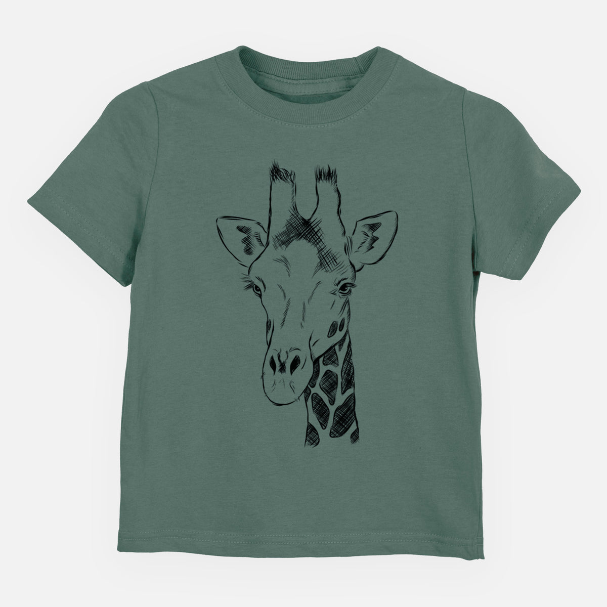 Basil green toddler t-shirt laid flat, printed with a black ink portrait of a southern giraffe's head and neck.