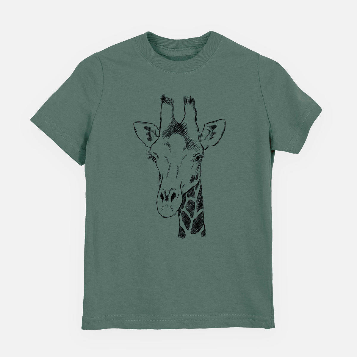 Basil green youth t-shirt laid flat, printed with a black ink portrait of a southern giraffe's head and neck.