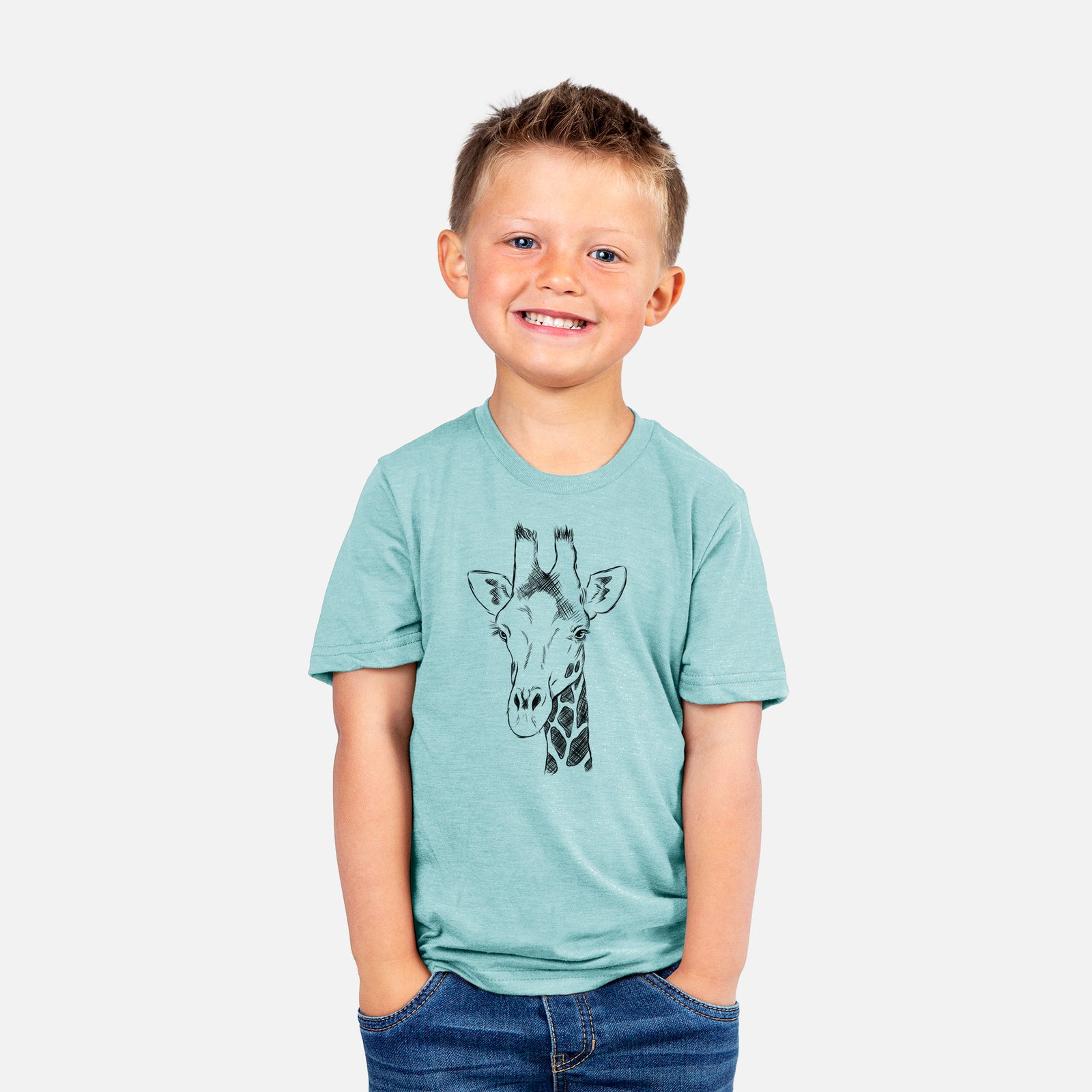 Two youth t-shirts in different colors on hangers, printed with a black ink portrait of a southern giraffe's head and neck.