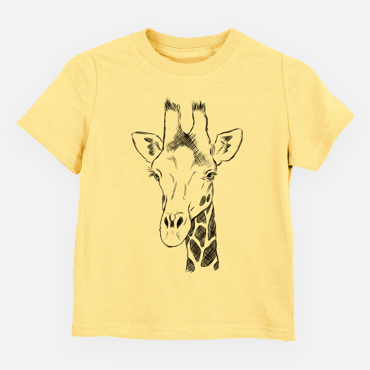 Butter yellow toddler t-shirt laid flat, printed with a black ink portrait of a southern giraffe's head and neck.
