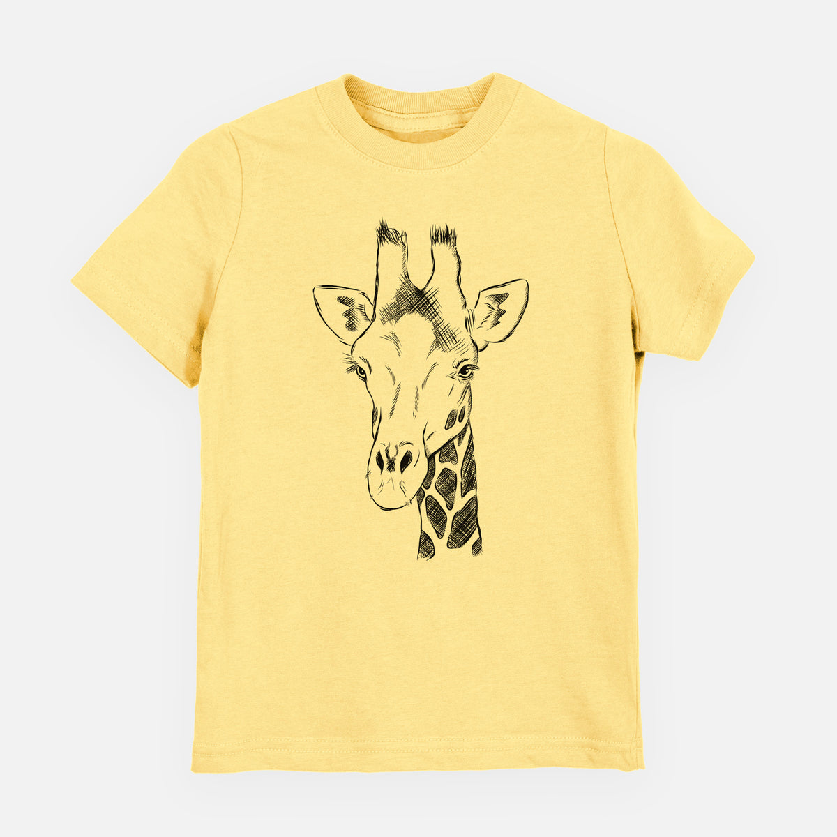 Butter yellow youth t-shirt laid flat, printed with a black ink portrait of a southern giraffe's head and neck.