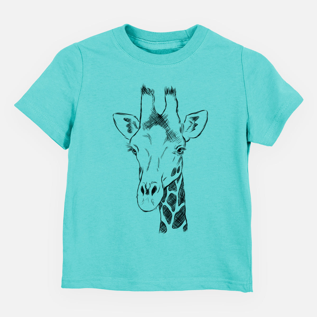 Caribbean blue toddler t-shirt laid flat, printed with a black ink portrait of a southern giraffe's head and neck.