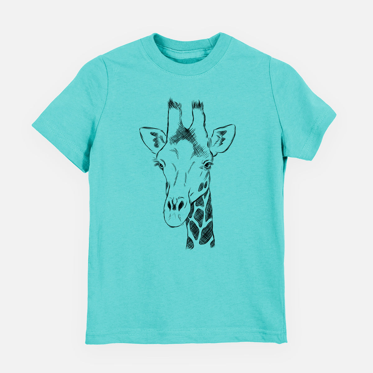 Caribbean blue youth t-shirt laid flat, printed with a black ink portrait of a southern giraffe's head and neck.