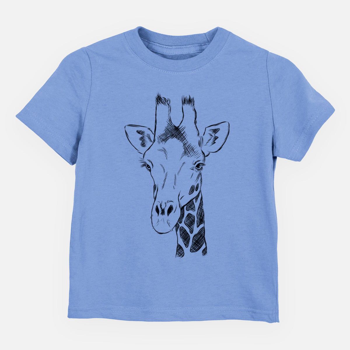 Carolina blue toddler t-shirt laid flat, printed with a black ink portrait of a southern giraffe's head and neck.