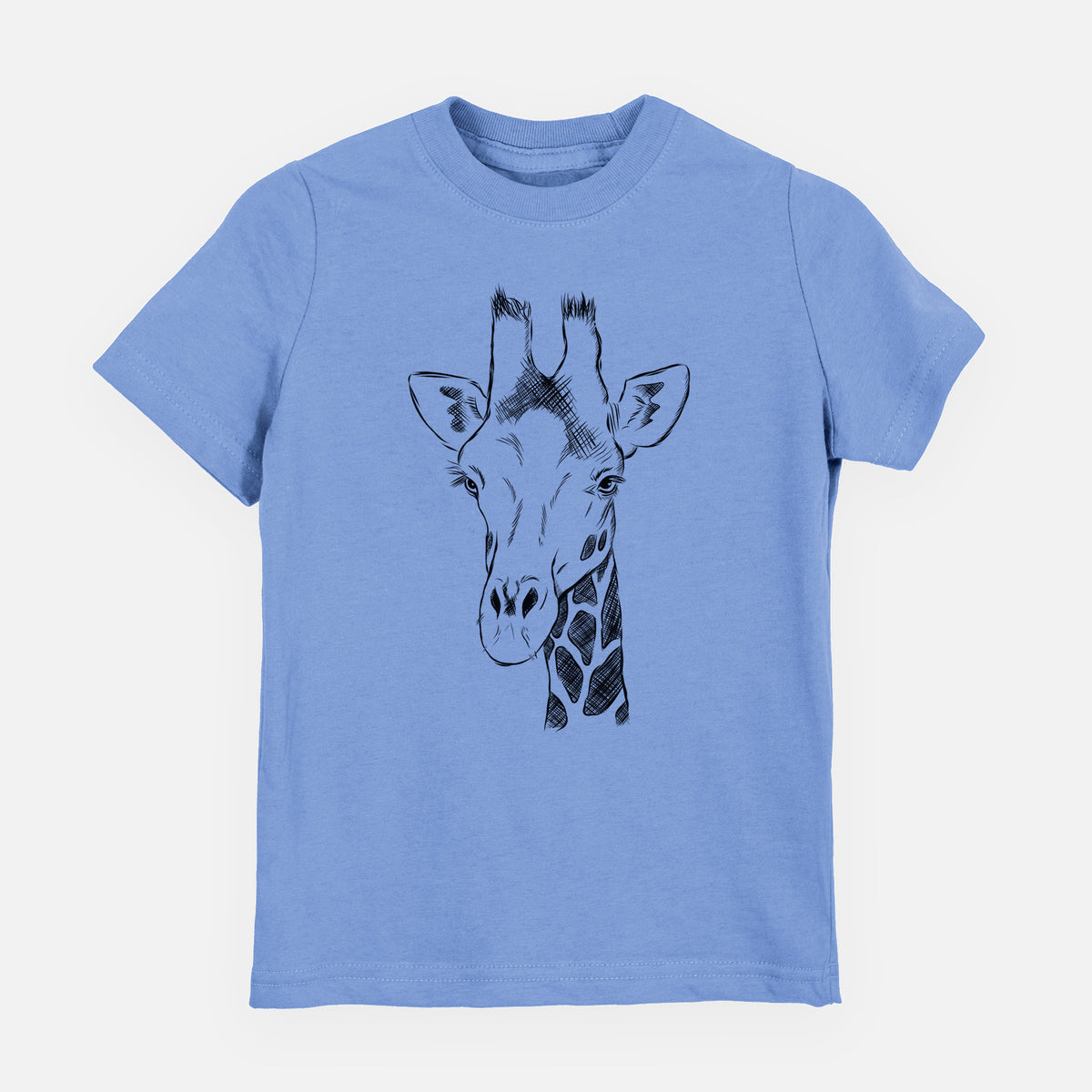 Carolina blue youth t-shirt laid flat, printed with a black ink portrait of a southern giraffe's head and neck.
