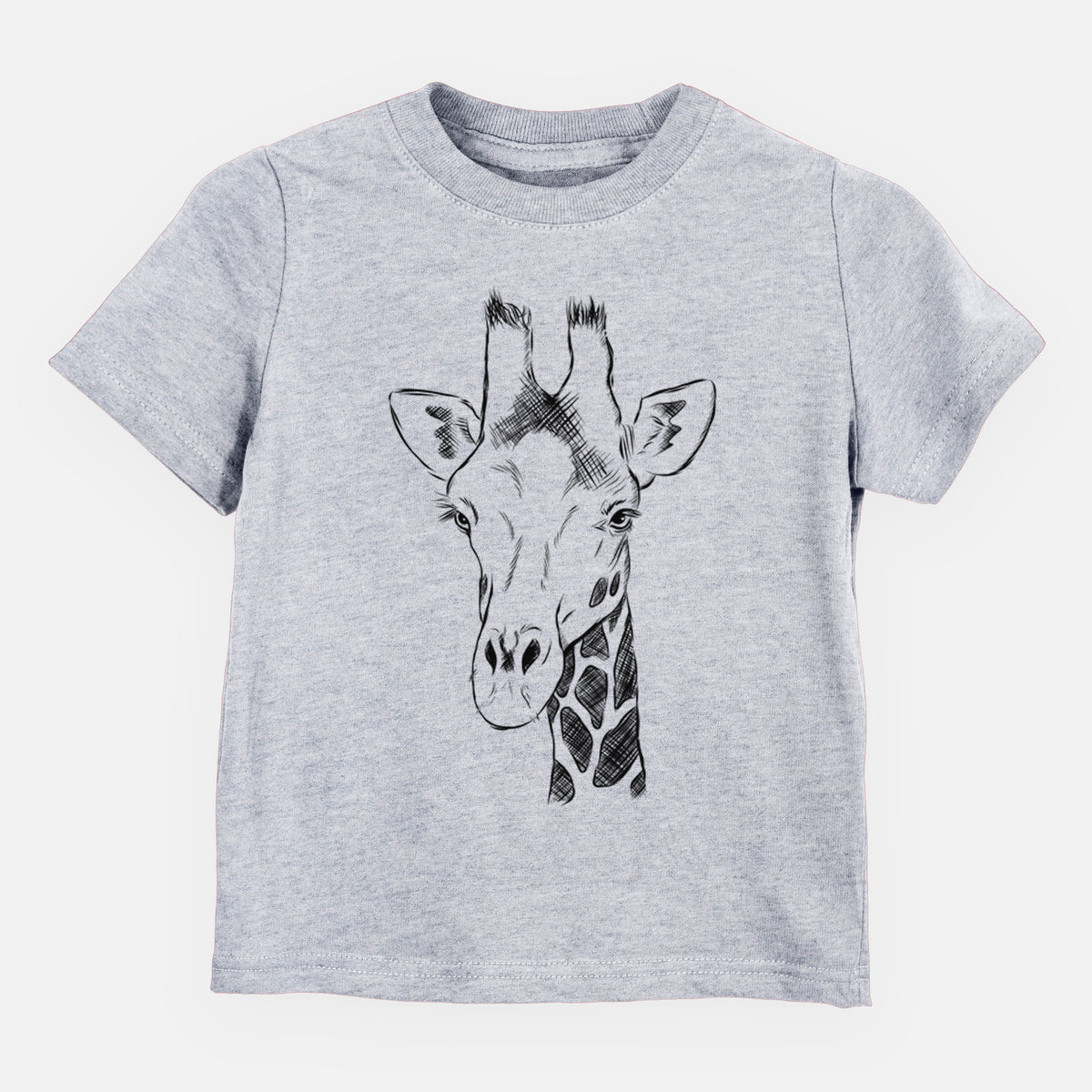 Heather grey toddler t-shirt laid flat, printed with a black ink portrait of a southern giraffe's head and neck.