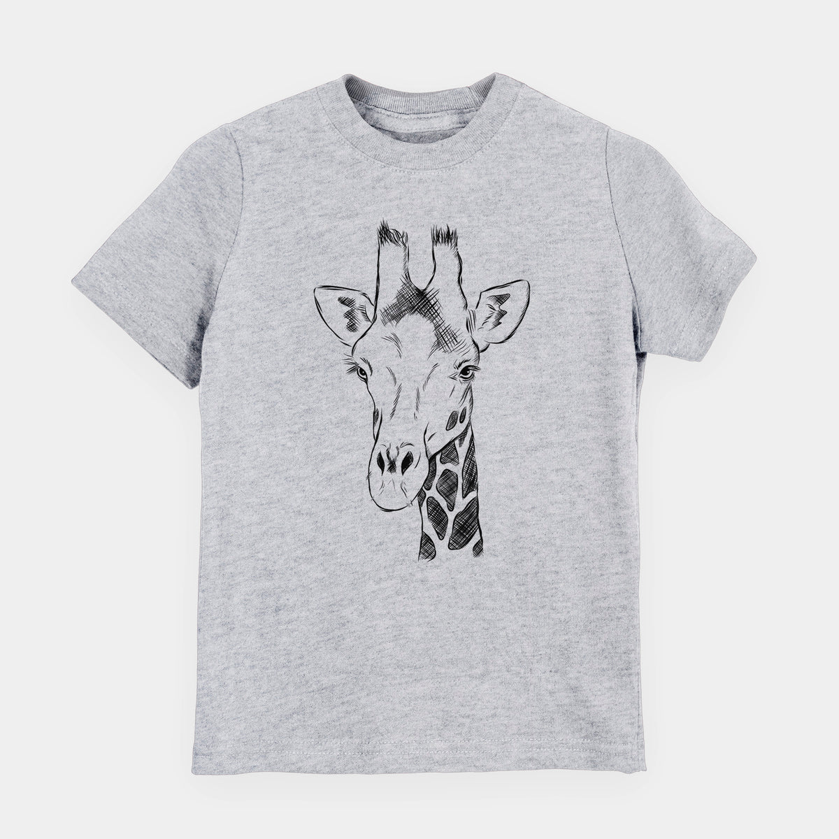 Heather grey youth t-shirt laid flat, printed with a black ink portrait of a southern giraffe's head and neck.