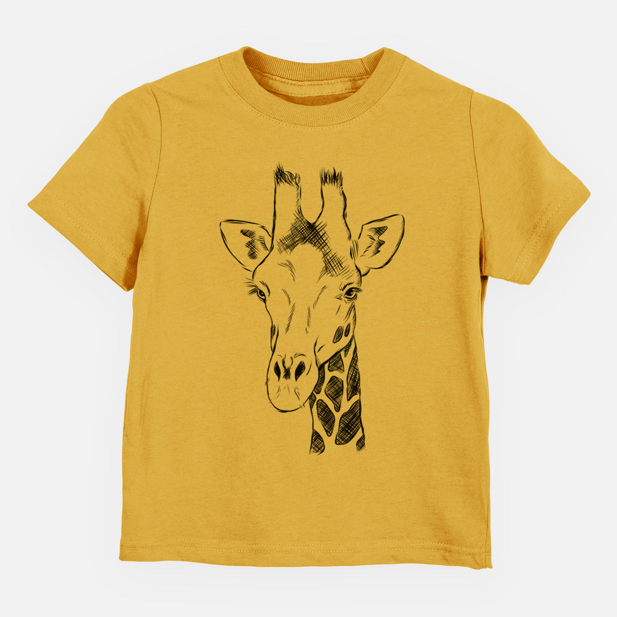 Honeycomb yellow toddler t-shirt laid flat, printed with a black ink portrait of a southern giraffe's head and neck.