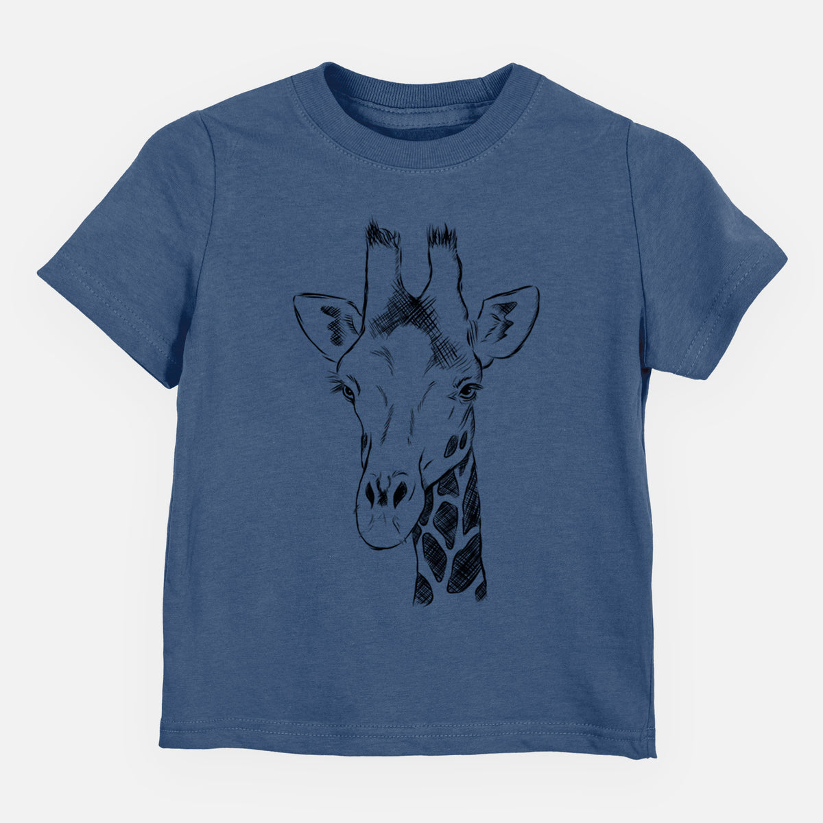Indigo blue toddler t-shirt laid flat, printed with a black ink portrait of a southern giraffe's head and neck.