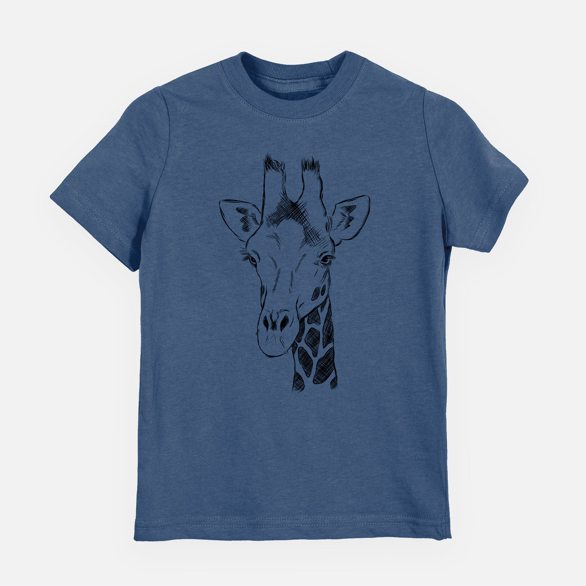 Indigo blue youth t-shirt laid flat, printed with a black ink portrait of a southern giraffe's head and neck.
