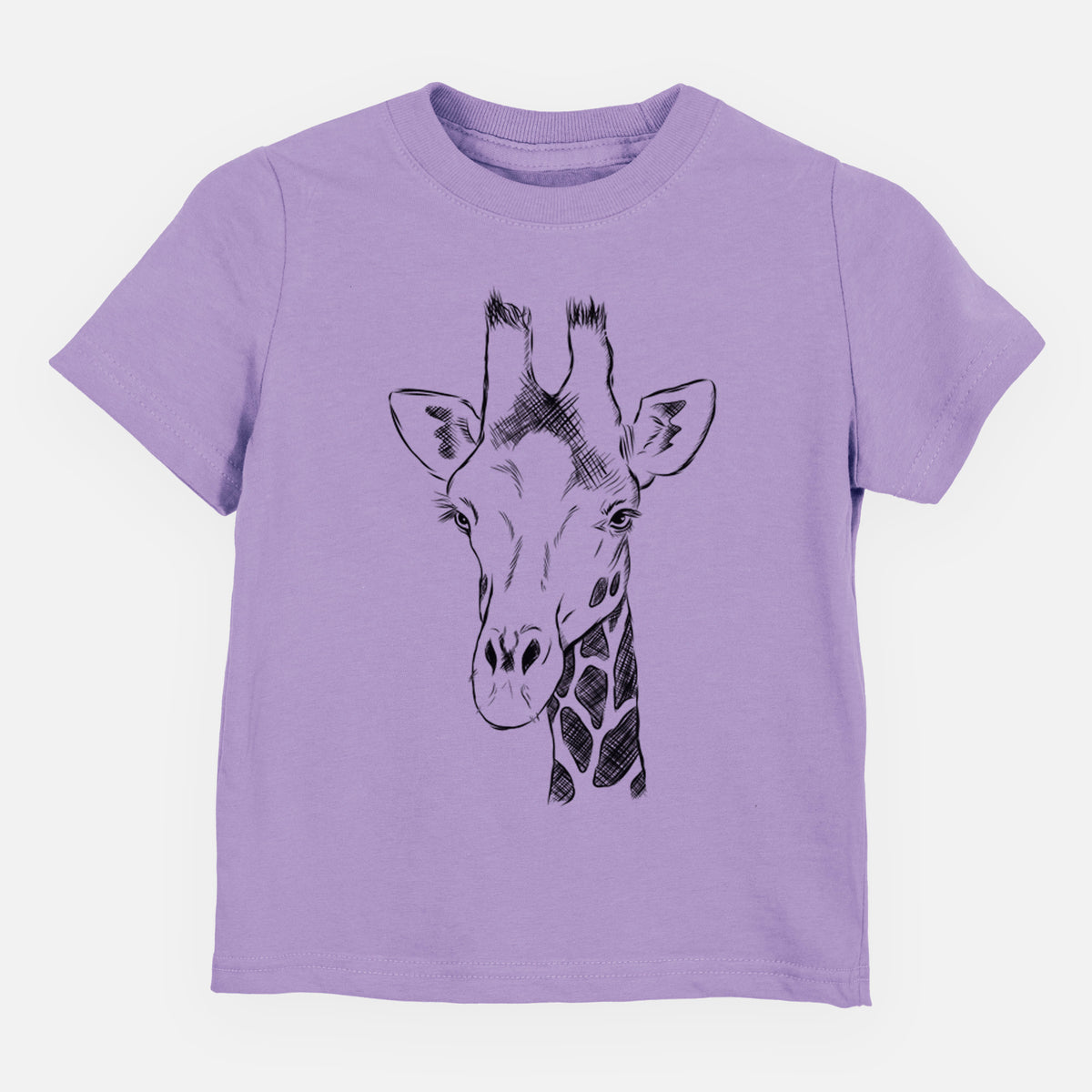 Lavender toddler t-shirt laid flat, printed with a black ink portrait of a southern giraffe's head and neck.