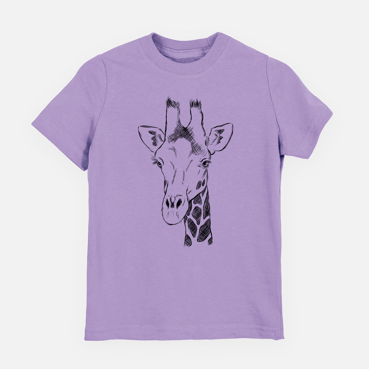 Lavender youth t-shirt laid flat, printed with a black ink portrait of a southern giraffe's head and neck.