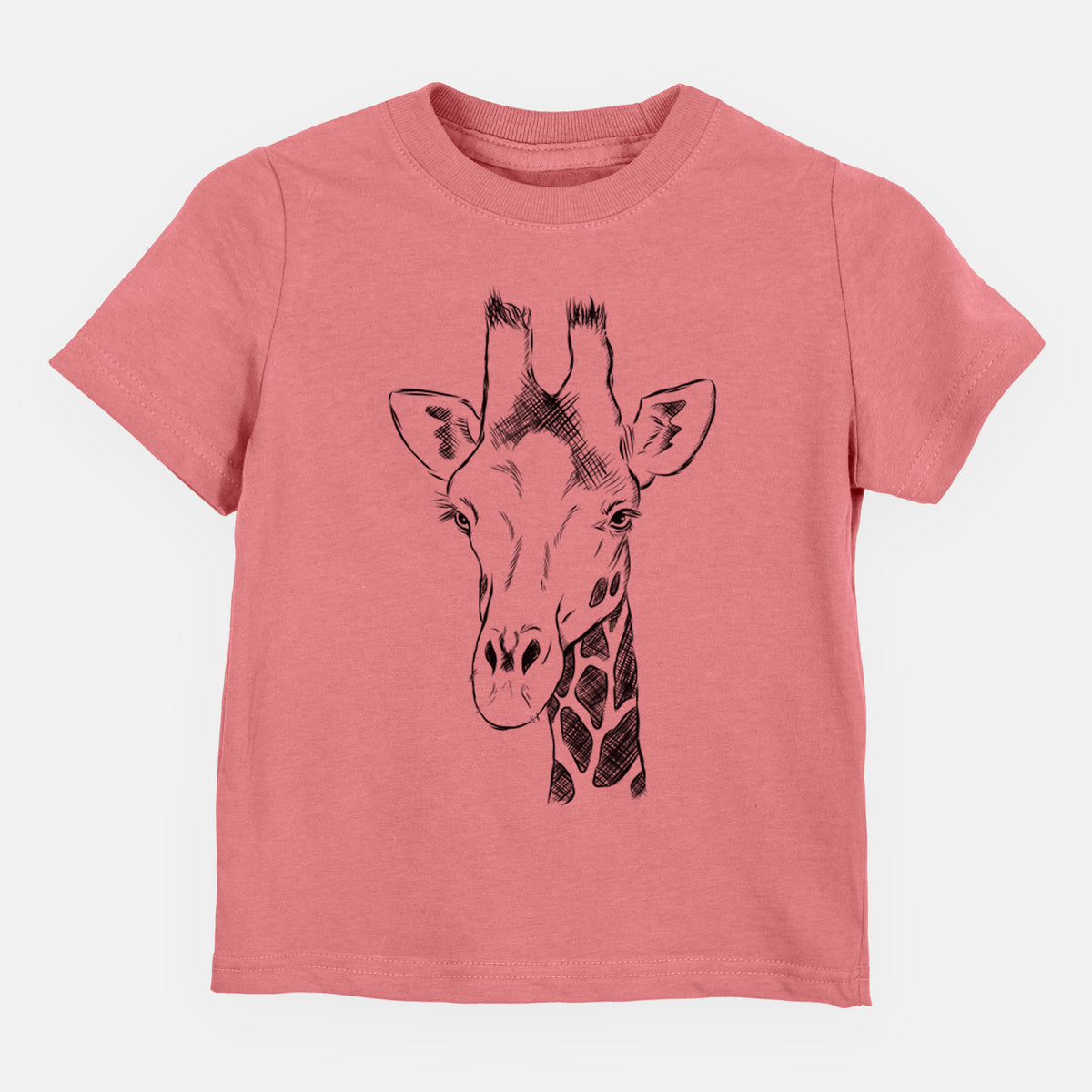 Mauve pink toddler t-shirt laid flat, printed with a black ink portrait of a southern giraffe's head and neck.