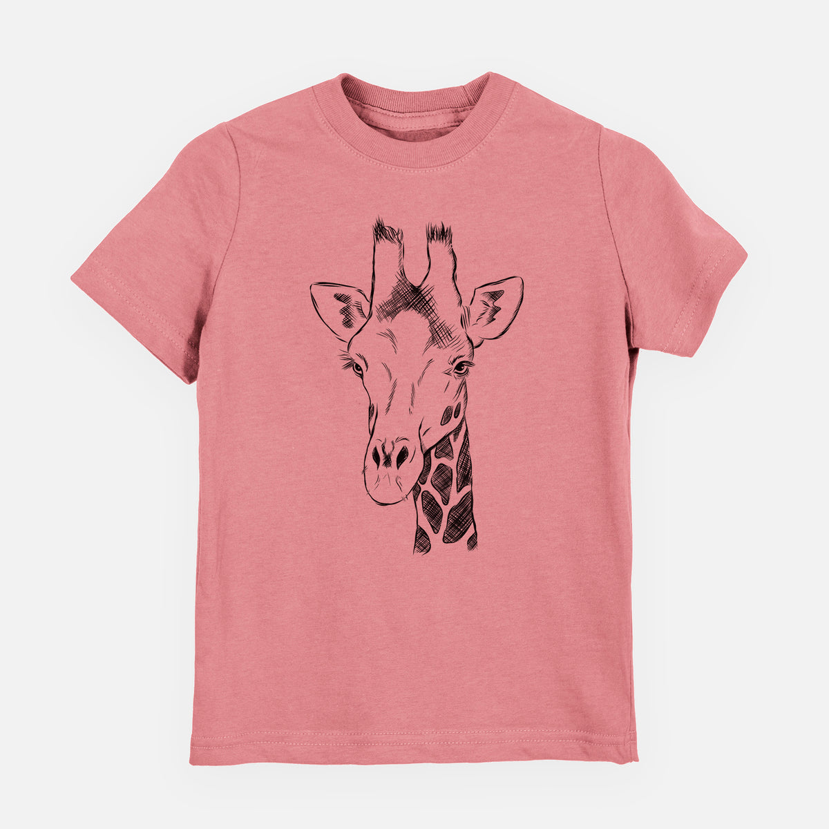 Mauve pink youth t-shirt laid flat, printed with a black ink portrait of a southern giraffe's head and neck.