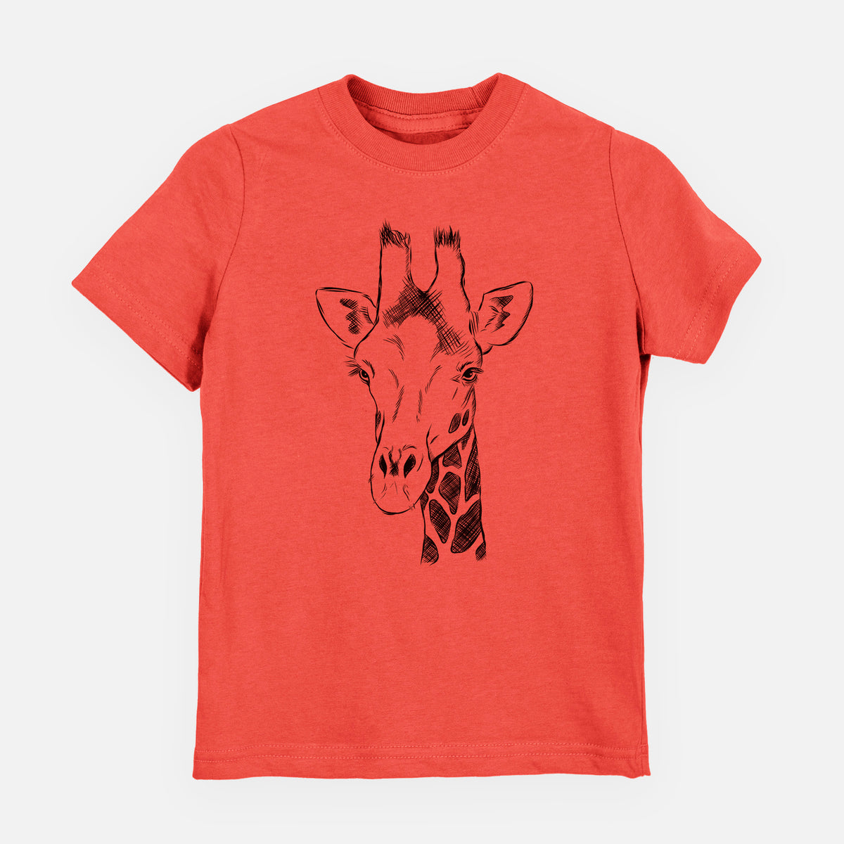 Passionfruit pink youth t-shirt laid flat, printed with a black ink portrait of a southern giraffe's head and neck.