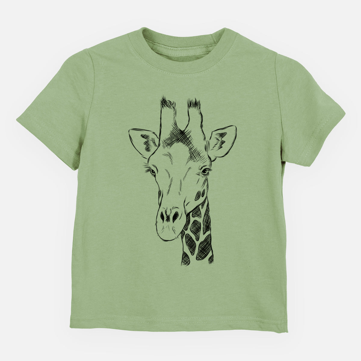 Sage green toddler t-shirt laid flat, printed with a black ink portrait of a southern giraffe's head and neck.