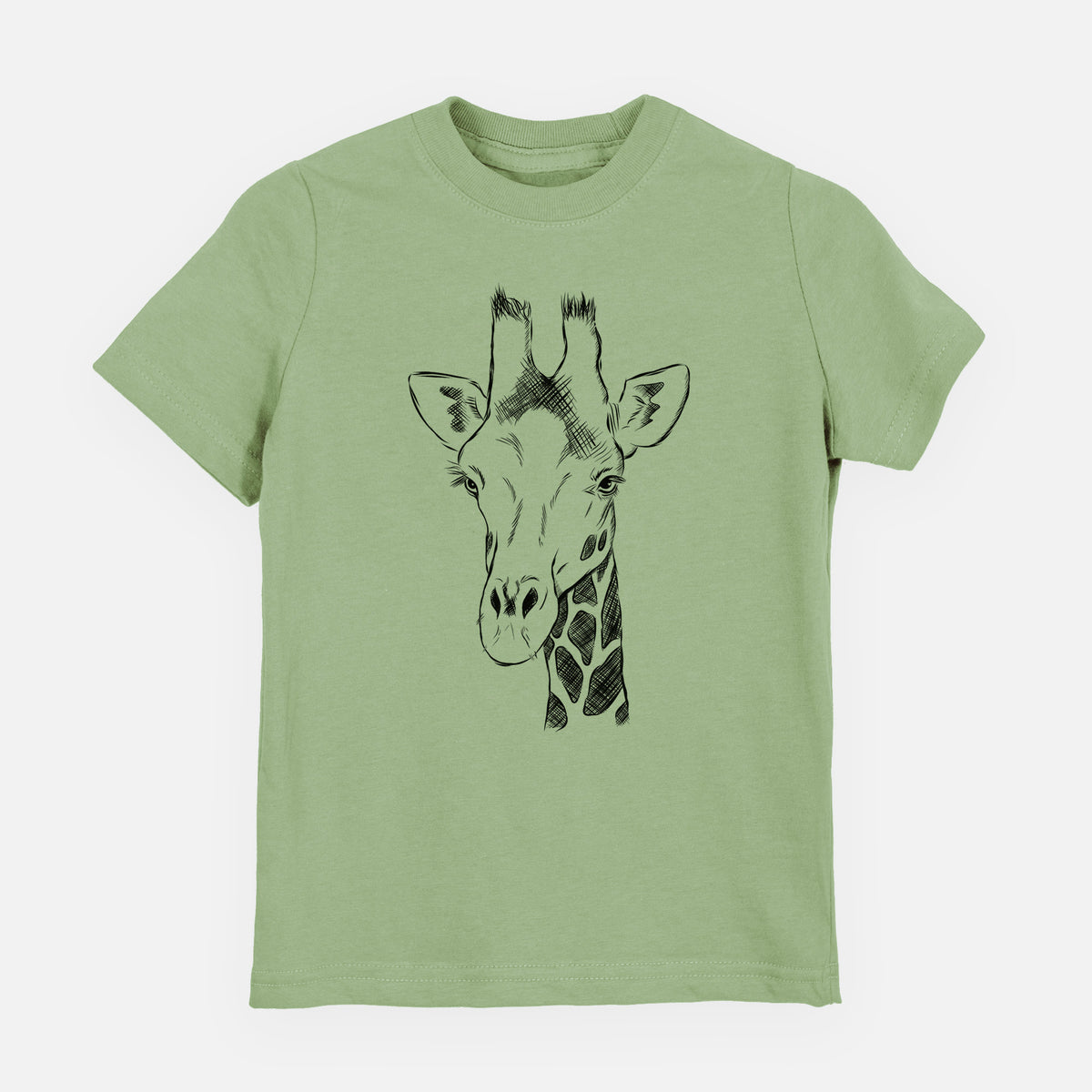 Sage green youth t-shirt laid flat, printed with a black ink portrait of a southern giraffe's head and neck.