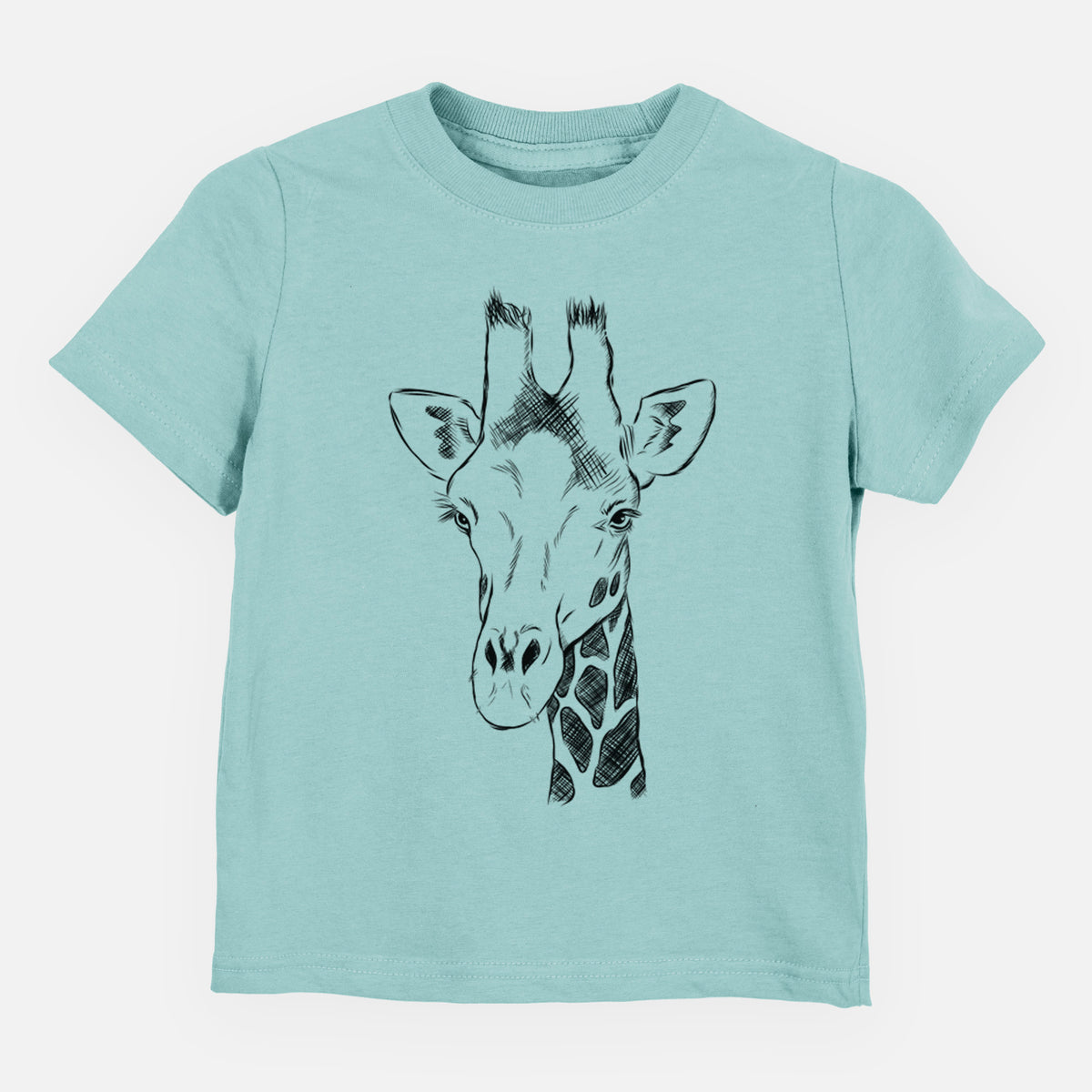 Saltwater toddler t-shirt laid flat, printed with a black ink portrait of a southern giraffe's head and neck.