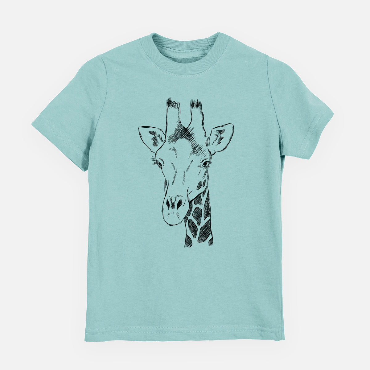Saltwater youth t-shirt laid flat, printed with a black ink portrait of a southern giraffe's head and neck.