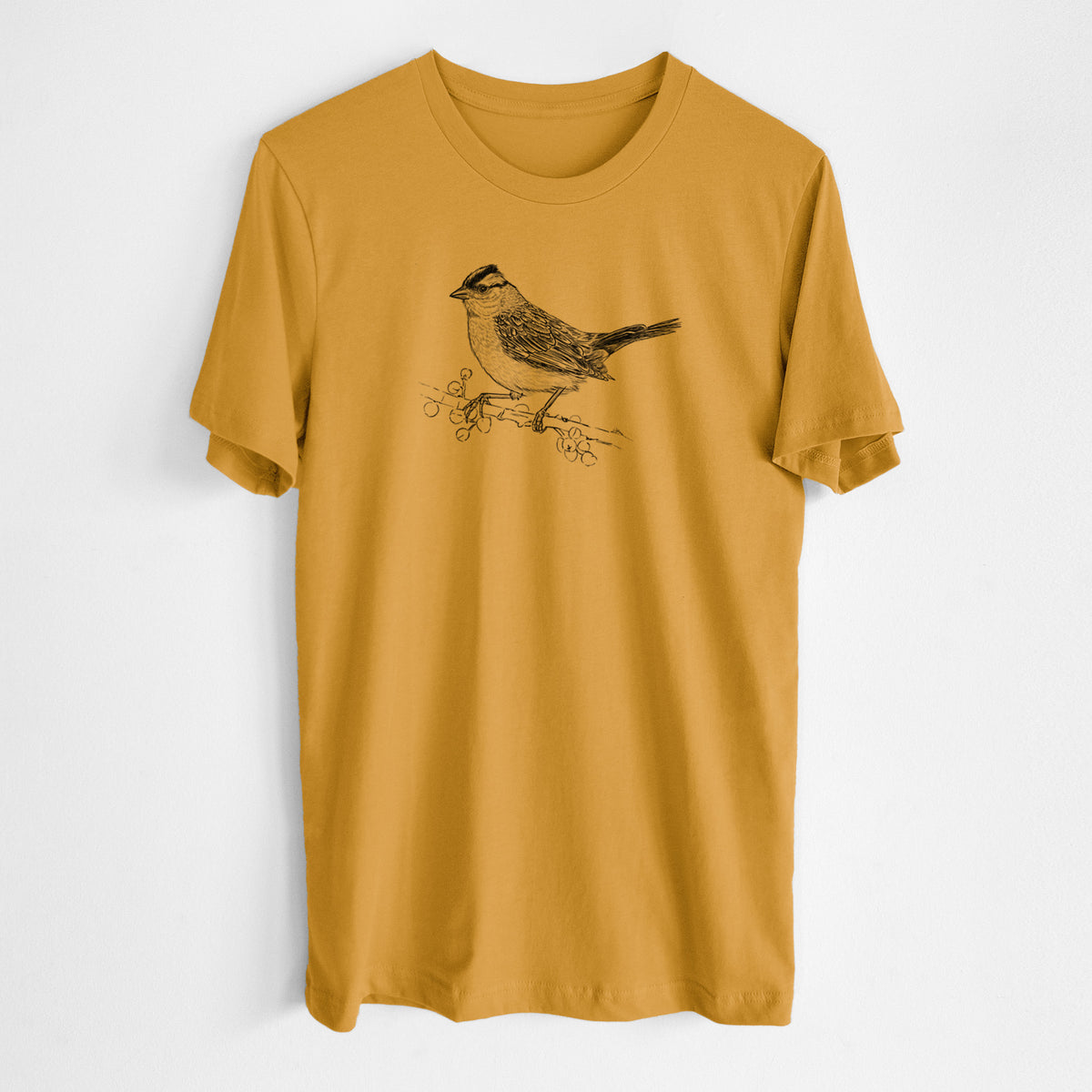 Honeycomb yellow lightweight cotton t-shirt laid flat, printed with a detailed black ink sketch of a white-crowned sparrow perched on a branch.