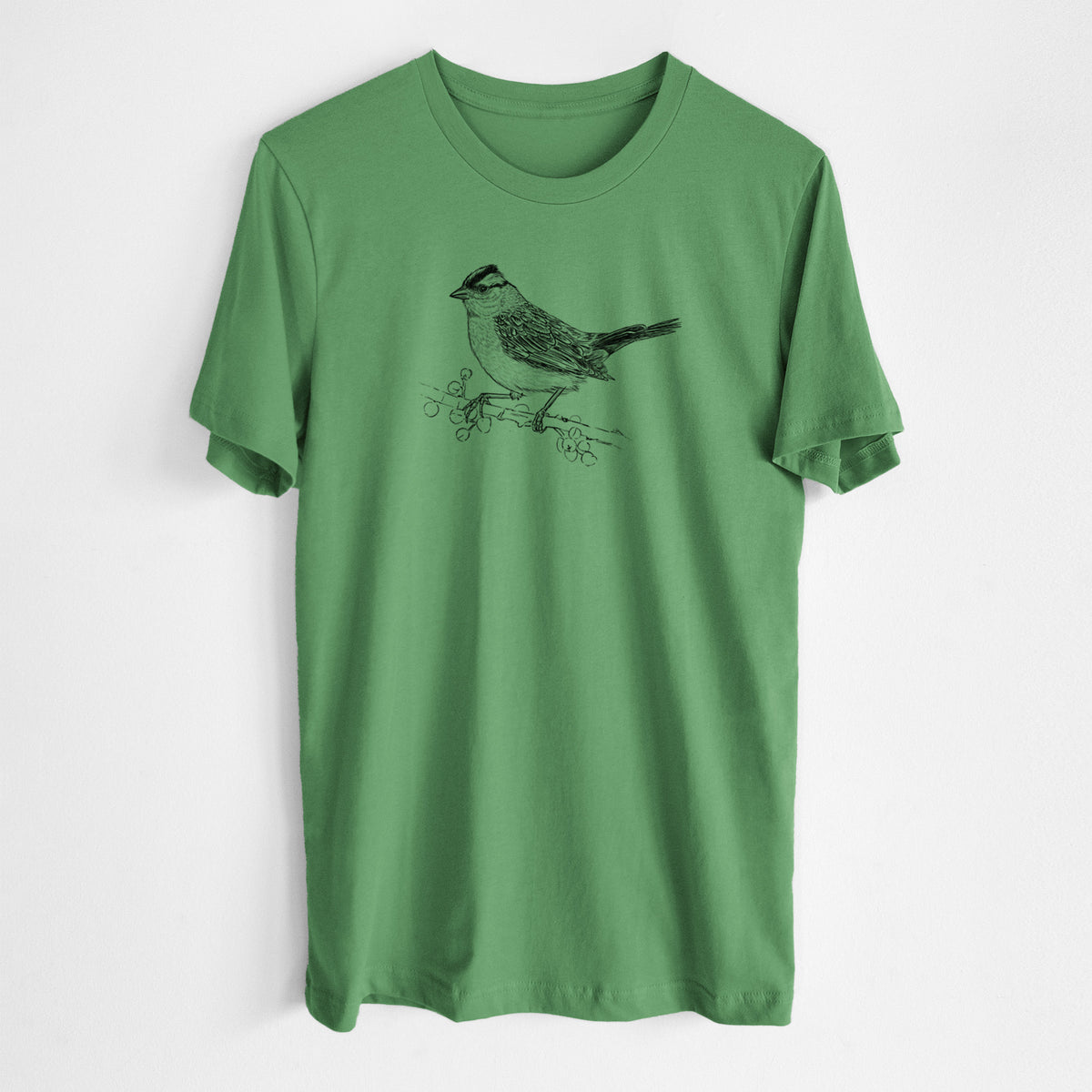 Leaf green lightweight cotton t-shirt laid flat, printed with a detailed black ink sketch of a white-crowned sparrow perched on a branch.