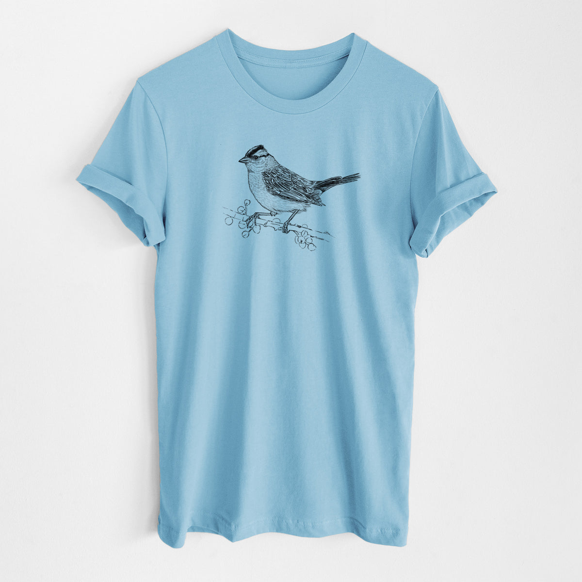 Ocean blue lightweight cotton t-shirt laid flat, printed with a detailed black ink sketch of a white-crowned sparrow perched on a branch.