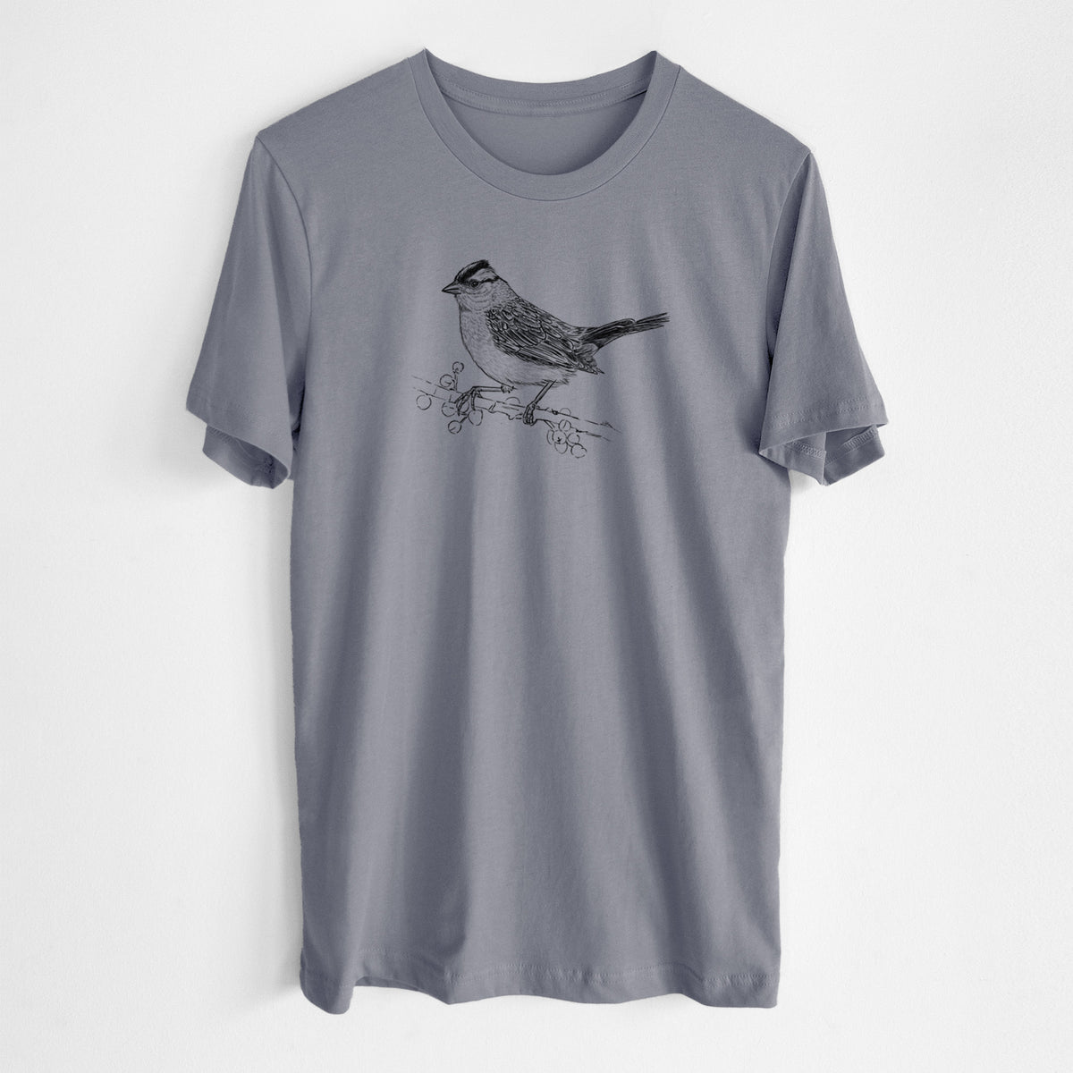 Storm grey lightweight cotton t-shirt laid flat, printed with a detailed black ink sketch of a white-crowned sparrow perched on a branch.