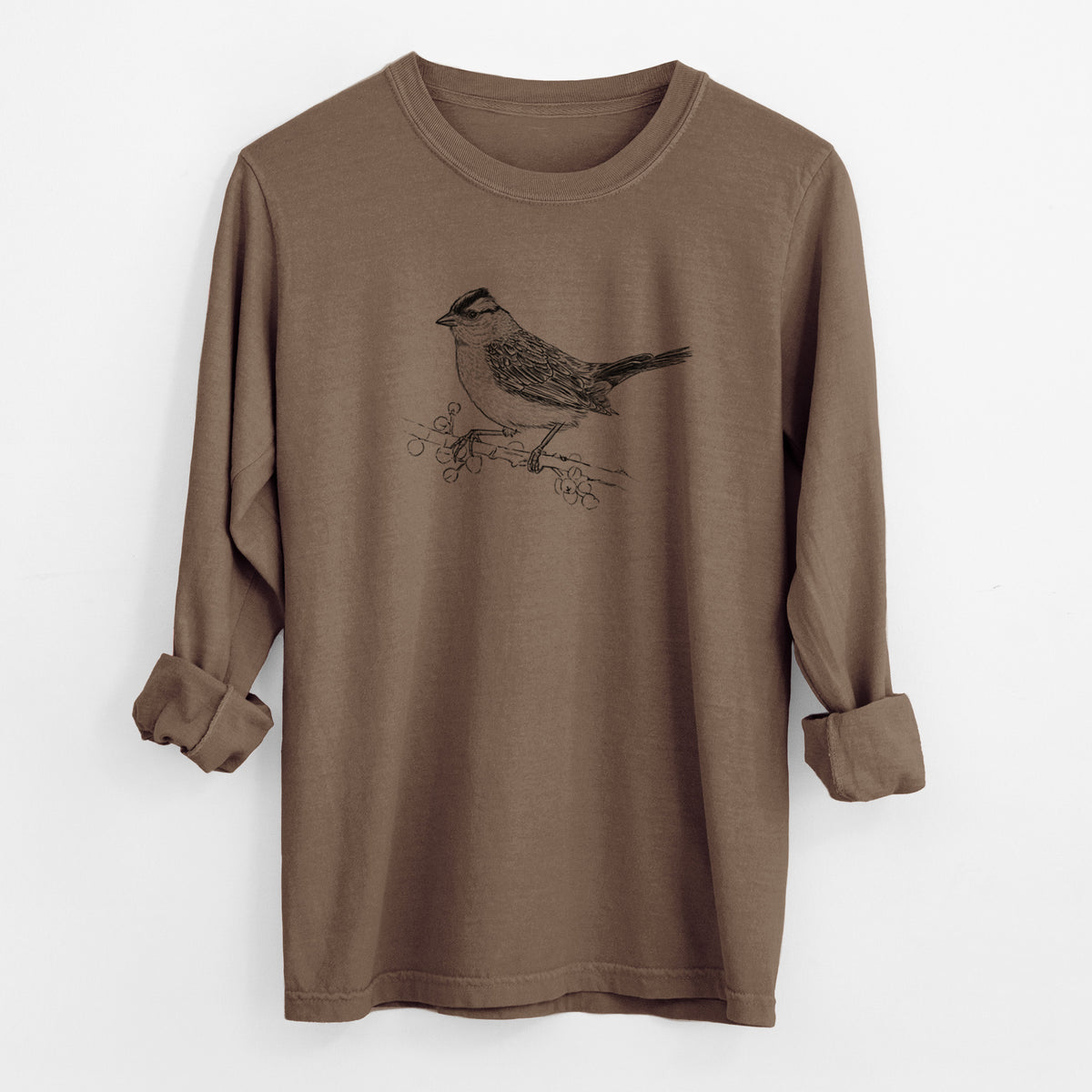 Espresso brown Comfort Colors long sleeve shirt laid flat with the cuffs rolled, printed with a detailed black ink sketch of a white-crowned sparrow perched on a branch.