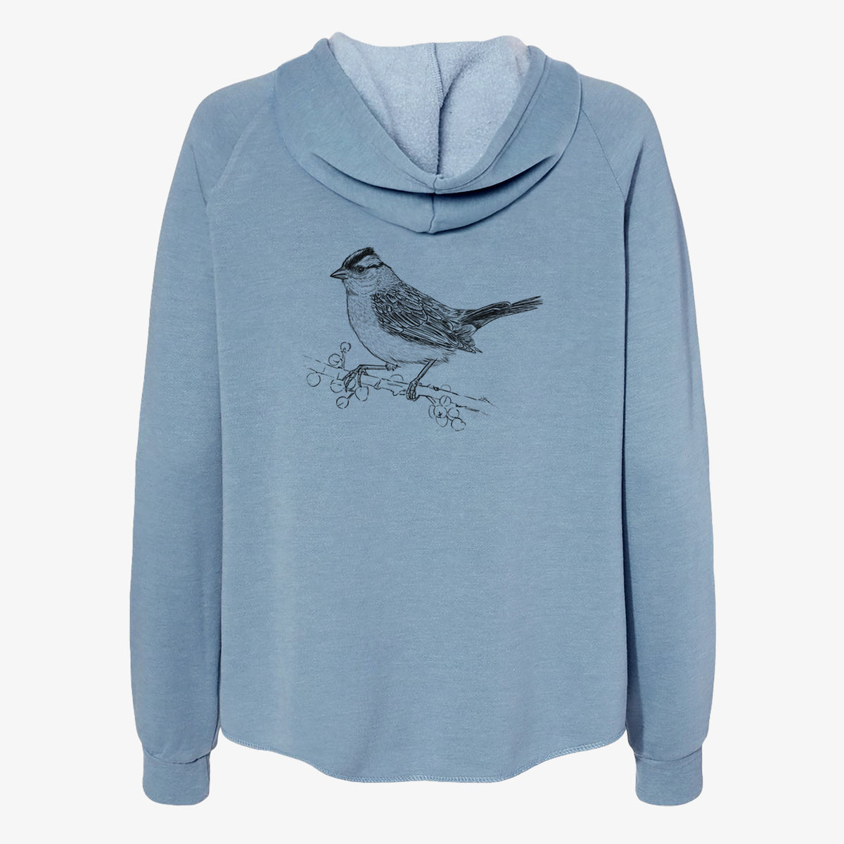 Misty blue women's Cali Wave zip-up sweatshirt laid flat, printed with a detailed black ink sketch of a white-crowned sparrow perched on a branch.