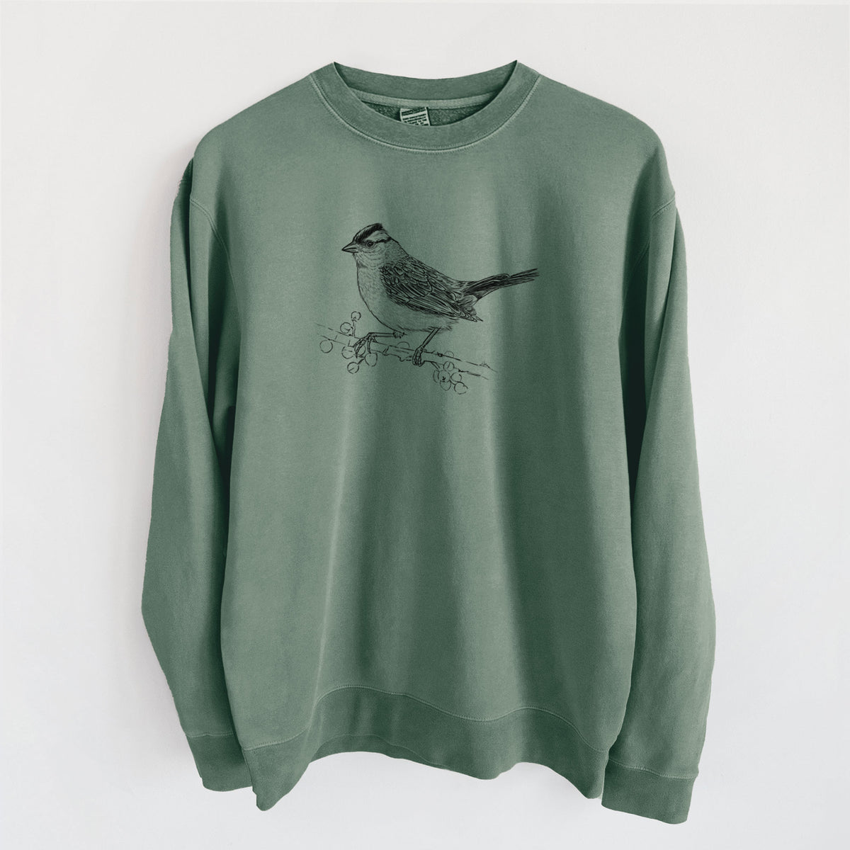 White-crowned Sparrow - Zonotrichia leucophrys - Unisex Pigment Dyed Crew Sweatshirt in Alpine Green