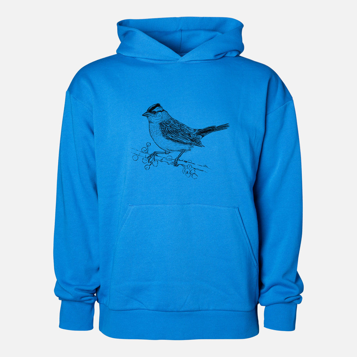 White-crowned Sparrow - Zonotrichia leucophrys - Statement Midweight Hoodie in Azure Blue, shown from the front with the design printed on the chest above a front kangaroo pocket.