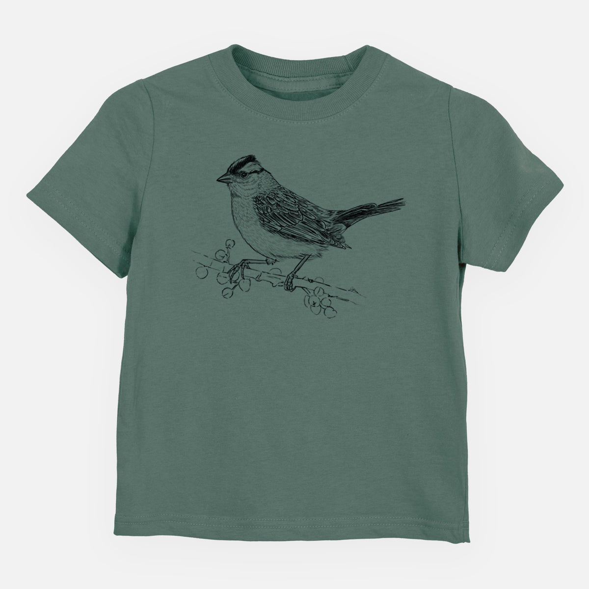 Basil green toddler t-shirt laid flat, printed with a detailed black ink sketch of a white-crowned sparrow perched on a branch.