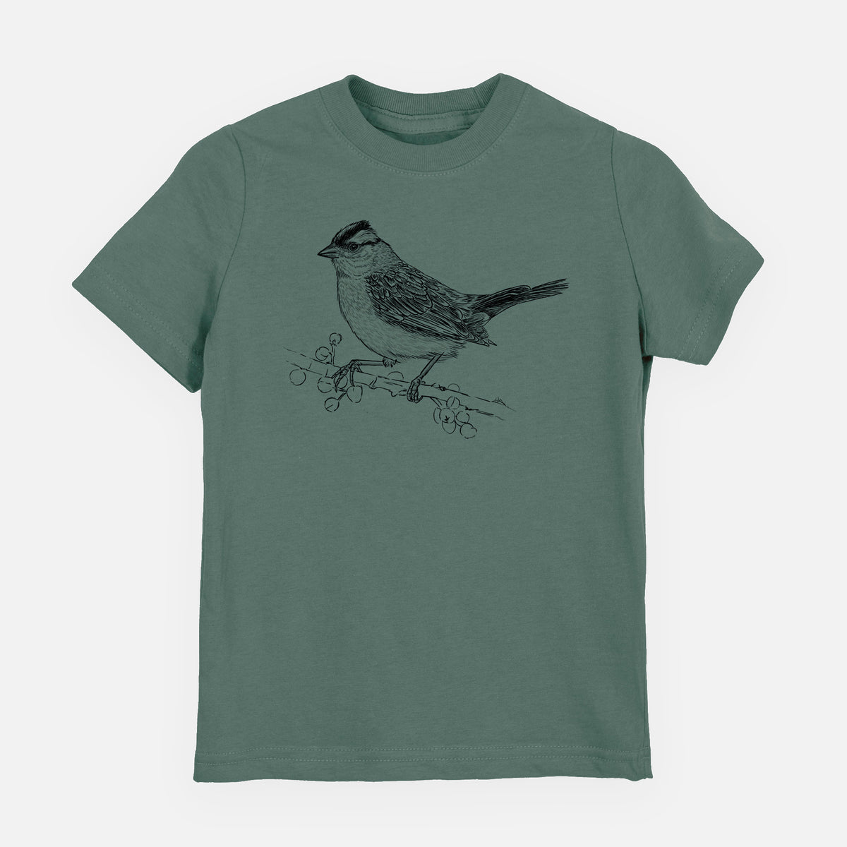 Basil green youth t-shirt laid flat, printed with a detailed black ink sketch of a white-crowned sparrow perched on a branch.