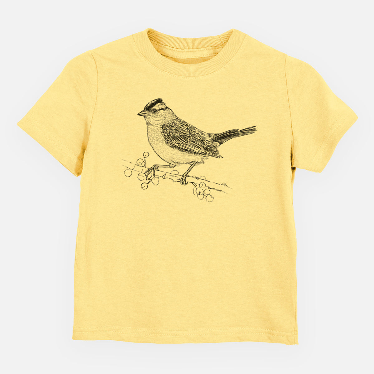 Butter yellow toddler t-shirt laid flat, printed with a detailed black ink sketch of a white-crowned sparrow perched on a branch.