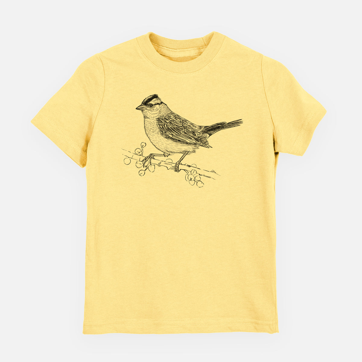 Butter yellow youth t-shirt laid flat, printed with a detailed black ink sketch of a white-crowned sparrow perched on a branch.
