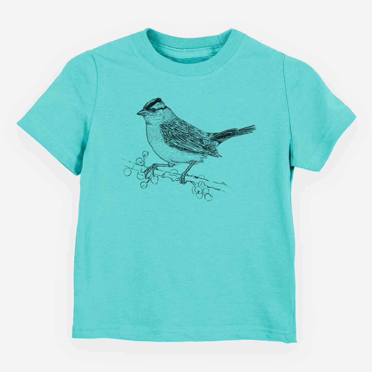 Caribbean blue toddler t-shirt laid flat, printed with a detailed black ink sketch of a white-crowned sparrow perched on a branch.