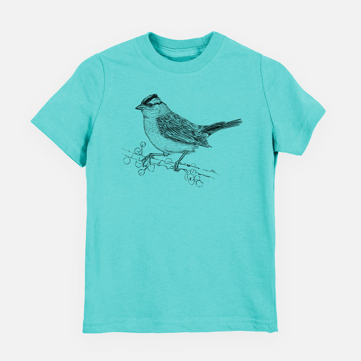 Caribbean blue youth t-shirt laid flat, printed with a detailed black ink sketch of a white-crowned sparrow perched on a branch.