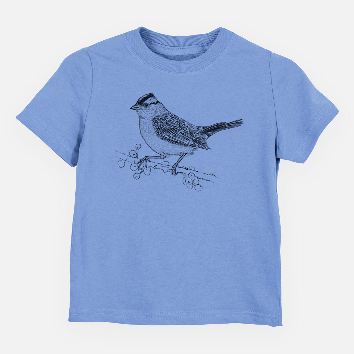Carolina blue toddler t-shirt laid flat, printed with a detailed black ink sketch of a white-crowned sparrow perched on a branch.