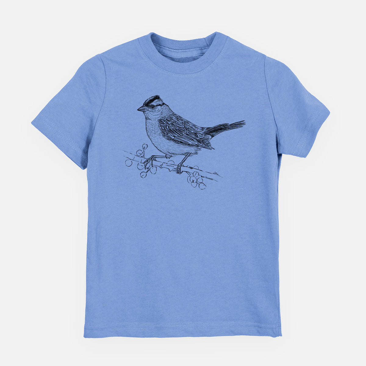 Carolina blue youth t-shirt laid flat, printed with a detailed black ink sketch of a white-crowned sparrow perched on a branch.