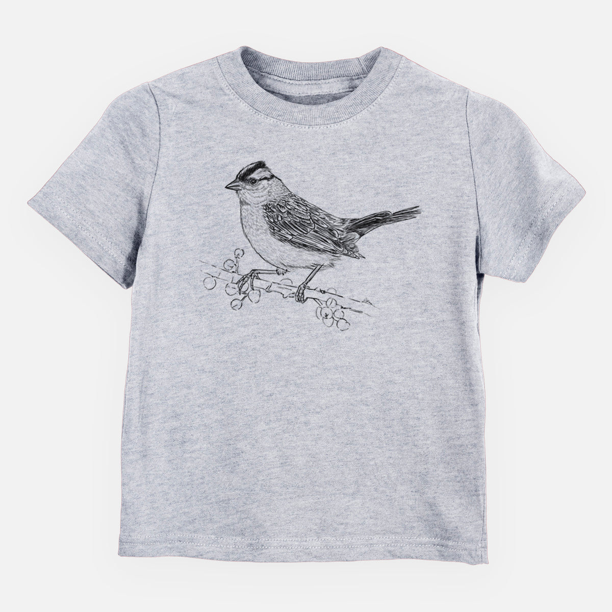 Heather grey toddler t-shirt laid flat, printed with a detailed black ink sketch of a white-crowned sparrow perched on a branch.