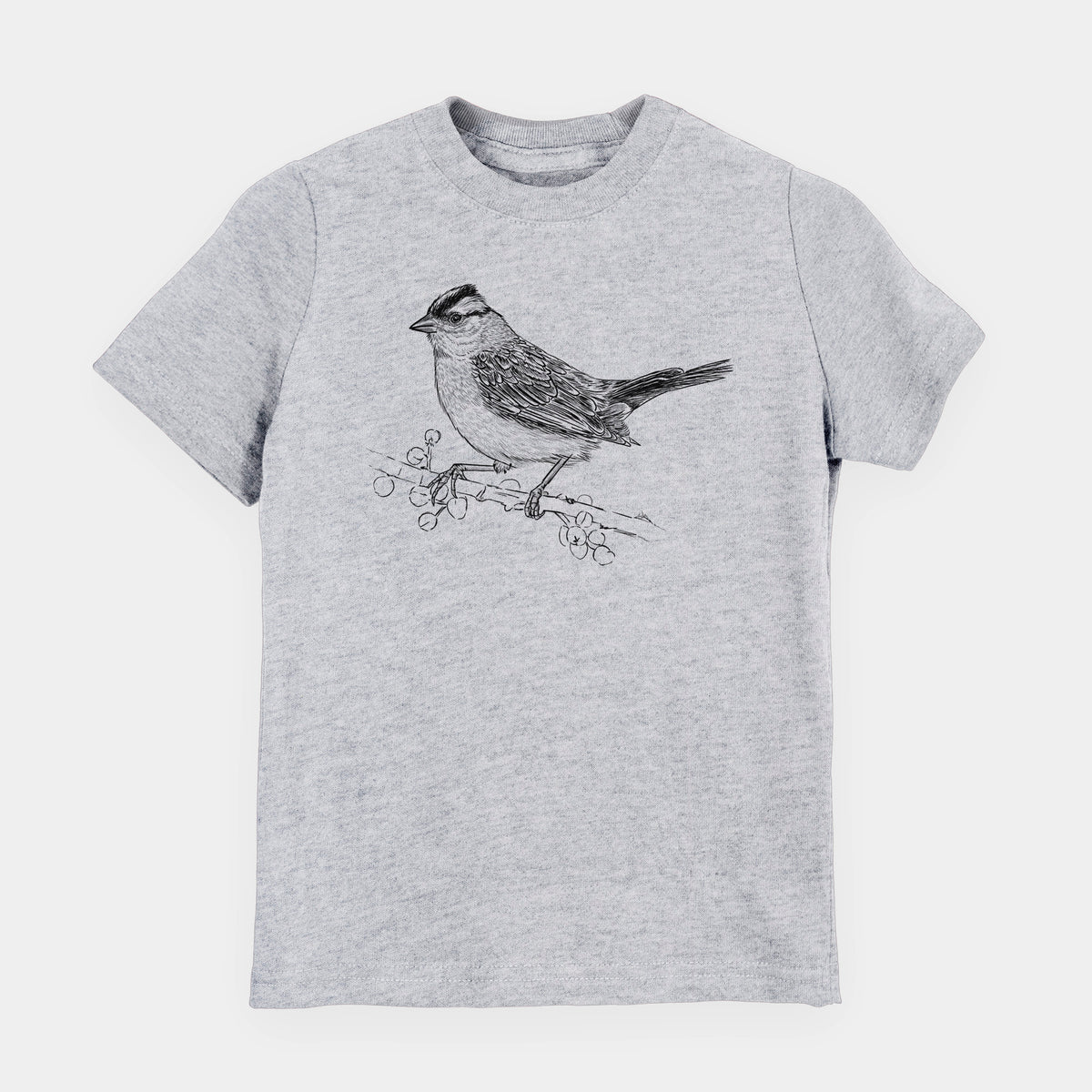 Heather grey youth t-shirt laid flat, printed with a detailed black ink sketch of a white-crowned sparrow perched on a branch.